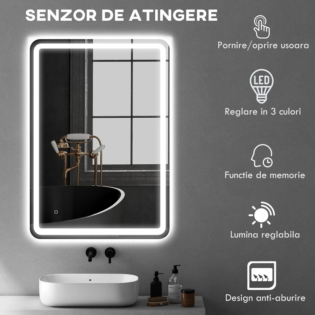 kleankin Oglinda pentru Baie cu Lumini LED, 70x50 cm, Argintiu | Aosom Romania