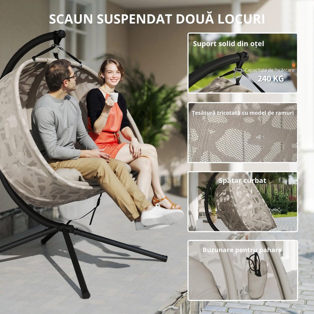 Fotoliu suspendat 2 locuri din otel si bumbac PP cu 2 suporturi, perne din poliester si cadru pliabil, 130x103x172 cm | Aosom Romania