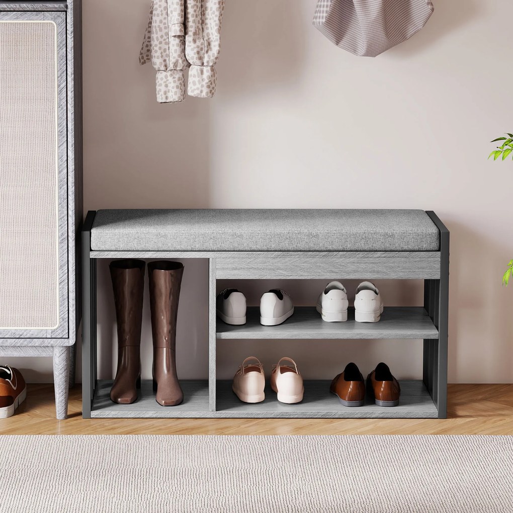 HOMCOM Suport pentru pantofi cu bancă de ședere, mobilier de hol pentru pantofi, dulap cu design în 3 trepte, pentru hol, intrare, camera de zi, dormitor, Gri | Aosom Romania