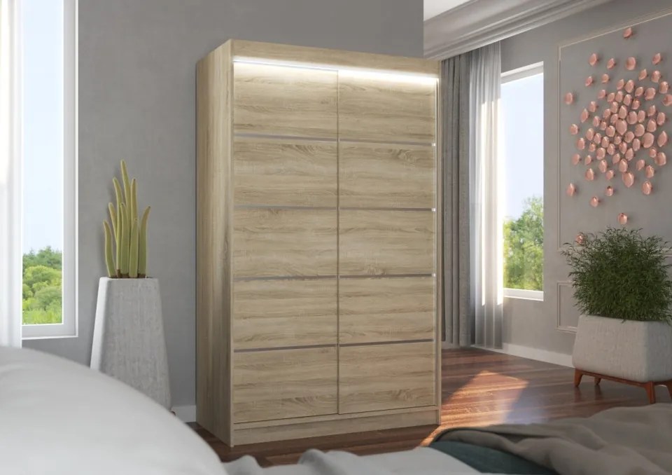 Dulap cu usi glisante si iluminare LED, Benisso 120 + LED, 120 cmx200 cmx58 cm, ADRK Furniture (Culoare: Negru / Alb)