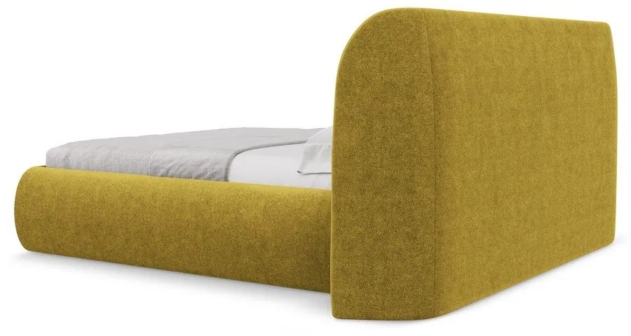 Pat matrimonial galben muștar tapițat cu spațiu de depozitare cu somieră 140x200 cm Hauke – Makamii