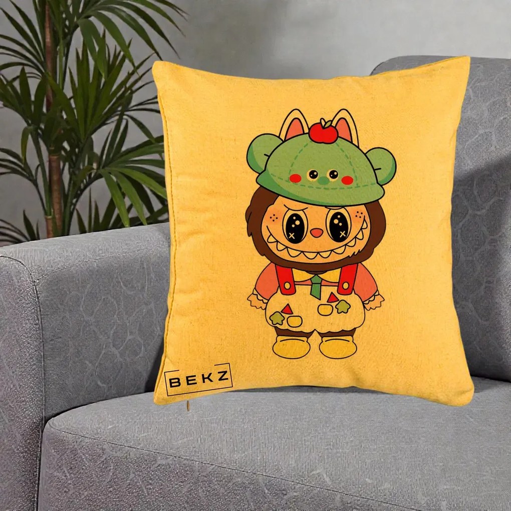Perna Personalizata Labubu x Urs Albastru Colorat, 40x40 cm, Galben, Husa Detasabila, Perna Inclusa, BEKZ®