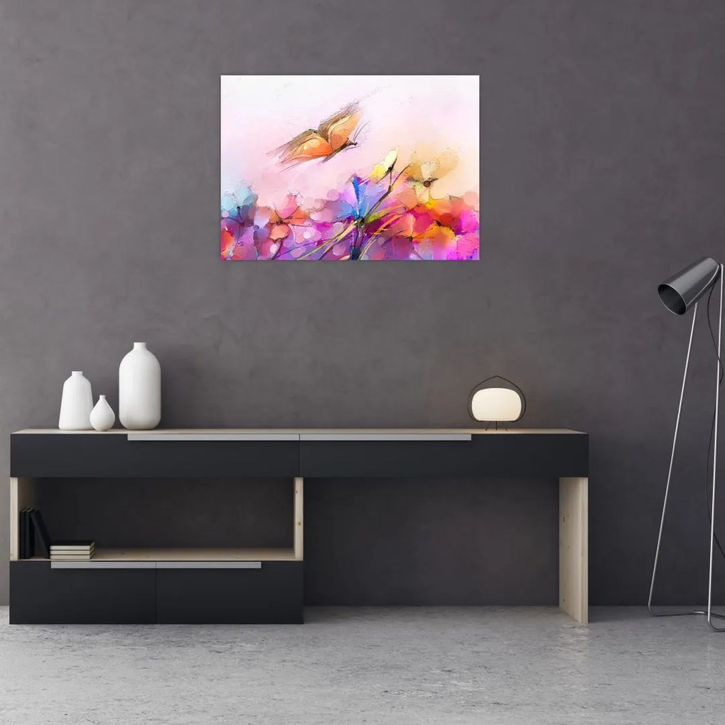 Tablou pe sticlă - Fluture asupra florilor, abstracție (70x50 cm)