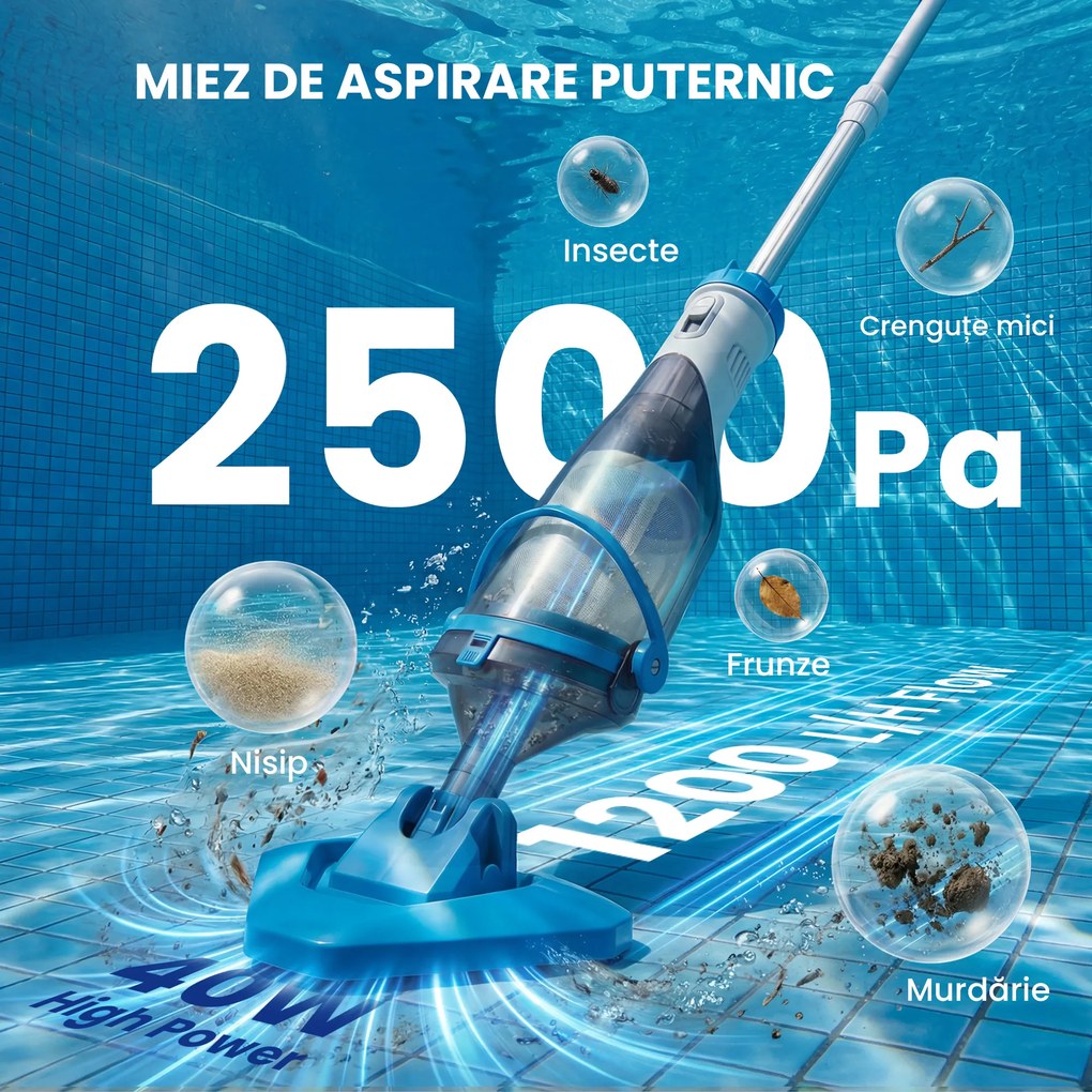 Outsunny Aspirator pentru Piscină Portabil Fără Fir, cu Perie, Ușor, cu Mâner Reglabil 63-150 cm pentru Piscine Mici, Spa, Iazuri | Aosom Romania