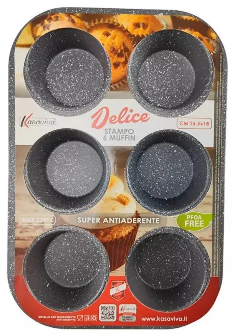Kasaviva formă pentru brioșe și cupcakes R51223, 6 forme, Non-PFOA, finisaj marmură, roșu