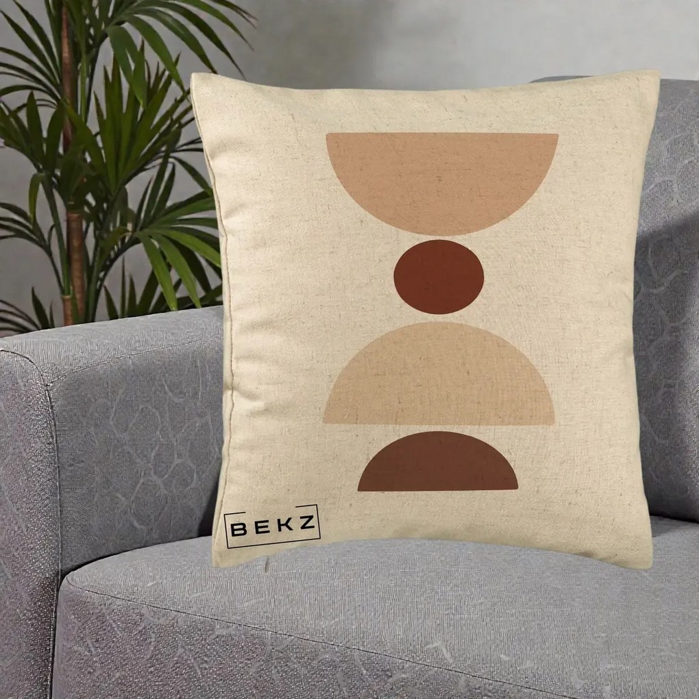 Perna Decorativa Geometric Boho Cerc si Boluri, 40x40 cm, Bej, Husa Detasabila, Perna Inclusa, BEKZ®