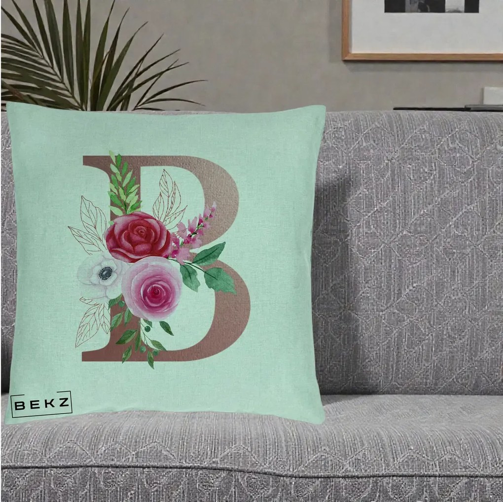 Cadou Personalizat - Perna Personalizata Monograma Rose Gold Litera B, 40x40 cm, Verde Menta, Husa Detasabila, Perna Inclusa, BEKZ®