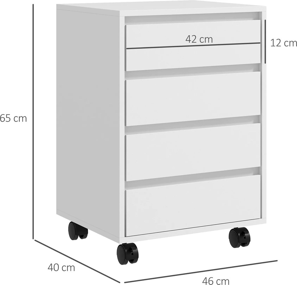 HOMCOM Comodă de Birou cu 4 Sertare și Roți pentru Studiu 46x40x65 cm Alb | Aosom Romania