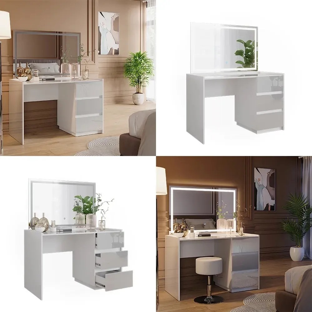 SEA806 - Set Masa toaleta, 120 cm, moderna cosmetica machiaj oglinda cu LED, masuta vanity cu sau fără Scaun - Alb Lucios