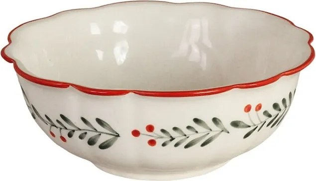 Bol din ceramică artizanală albă cu motiv de Crăciun pictat manual, frunze și fructe roșii, margini ondulate, 18 × 7,5 cm, „Esther Lingonberry"