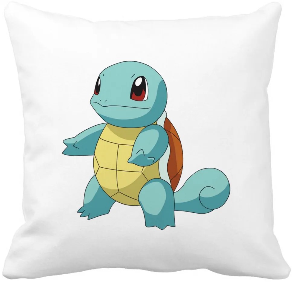 Perna Decorativa Patrata copii Squirtle, 40x40 cm, Alba, Mata, Husa Detasabila, Burduf