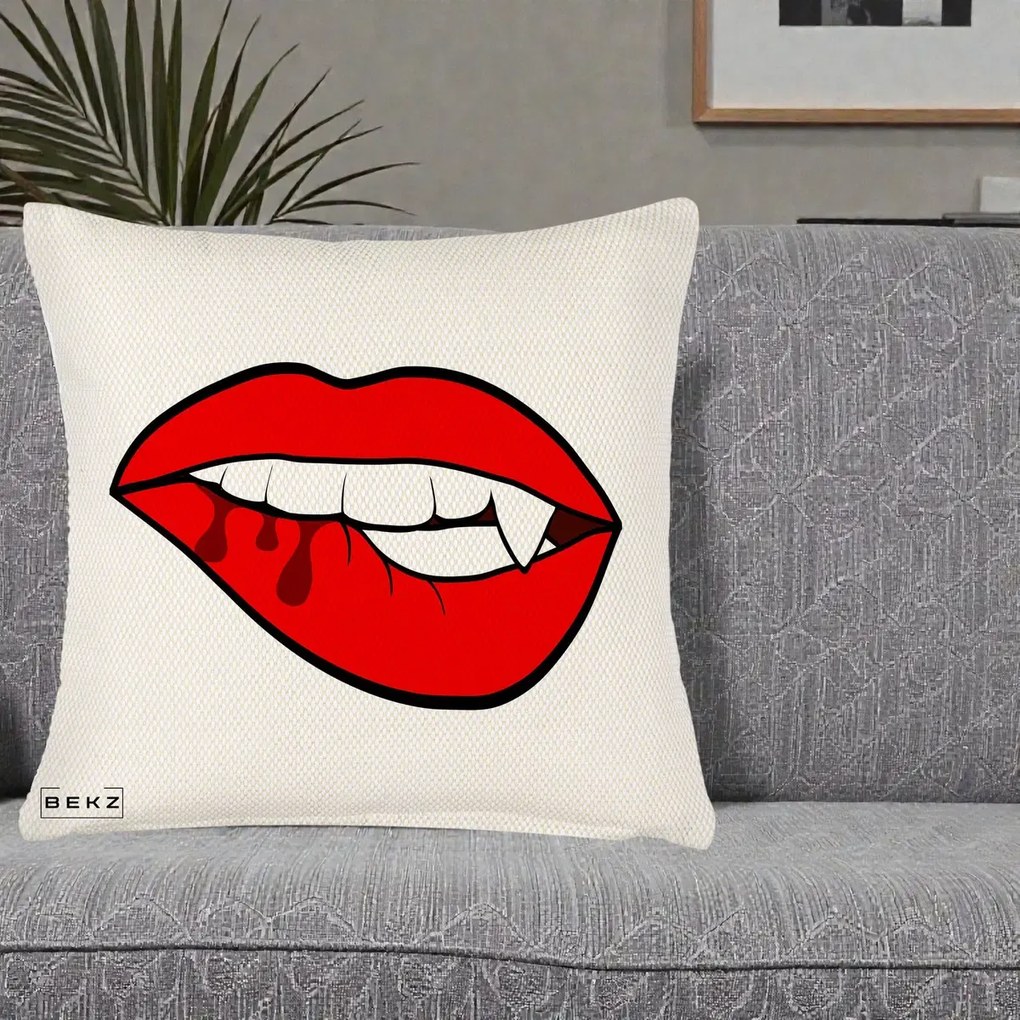 Perna Decorativa Vampire Lips Halloween, 40x40 cm, Crem Reliefat, Husa Detasabila, Perna Inclusa, BEKZ®