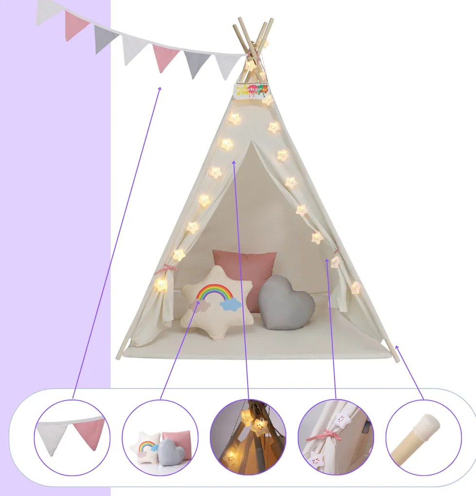Cort tip teepee pentru copii JULIA, 160x120x120cm, bej/roz Jurhan