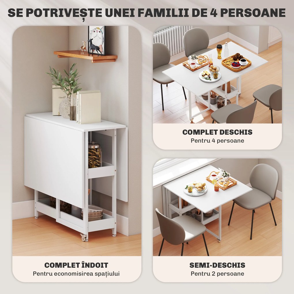 HOMCOM Masă Pliabilă cu 2 Blaturi Rabatabile pentru 4 Persoane cu 2 Rafturi Deschise, Gri | Aosom Romania