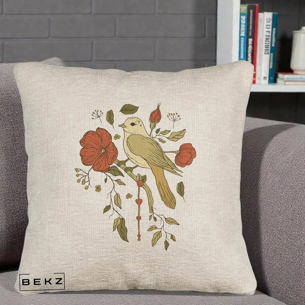 Perna Decorativa Pasare pe Ramura cu Maci, 40x40 cm, Bej Canapea, Husa Detasabila, Perna Inclusa, BEKZ®