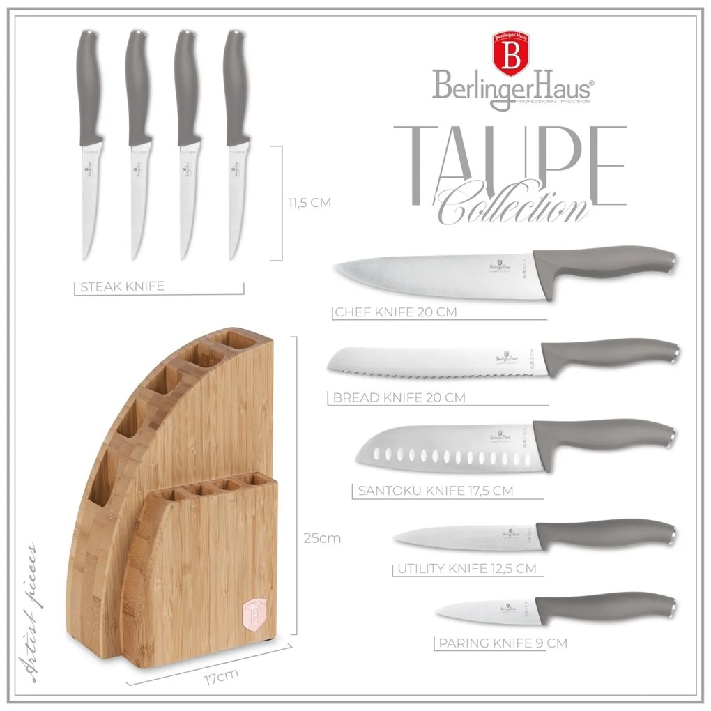 Set cutite 10 piese, stativ Taupe Berlinger Haus BH 3122