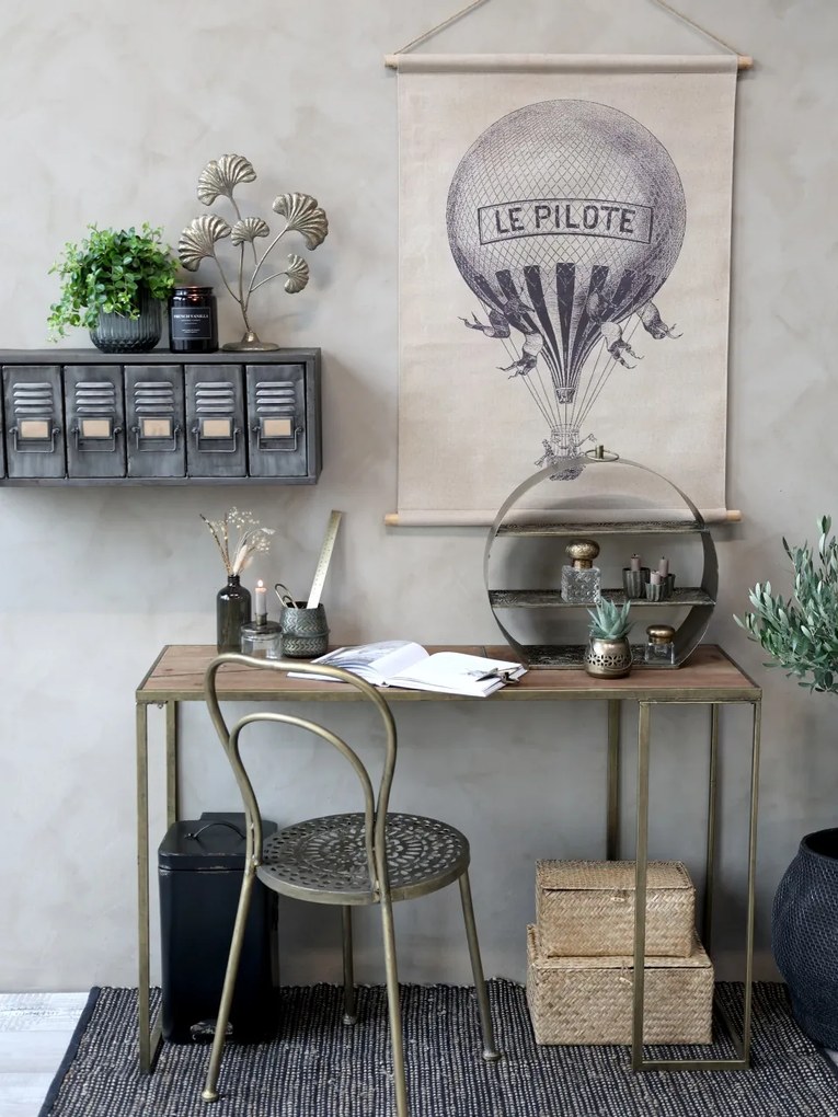 Scaun dining din metal, auriu, cu spătar dublu arcuit și șezut rotund traforat, finisaj alamă antichizată, Î 92 cm, Ø 41 cm, „Arles”
