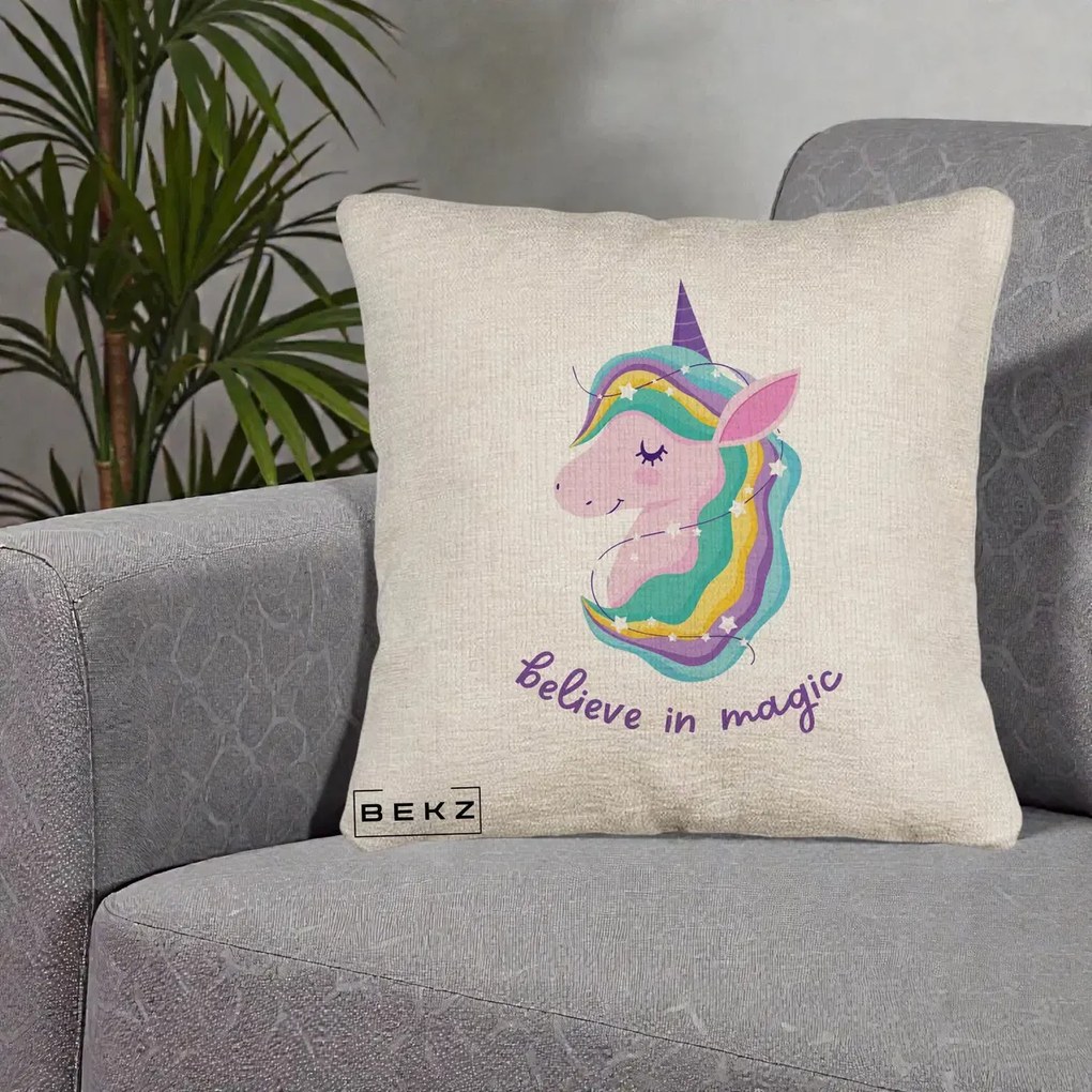 Perna Decorativa Unicorn Believe in Magic, 40x40 cm, Bej Canapea, Husa Detasabila, Perna Inclusa, BEKZ®