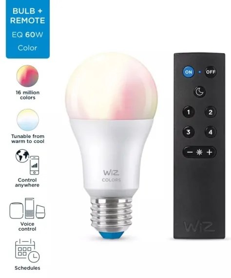 Bec LED RGBW dimabil WiZ A60 E27/8,5W/230V 2200-6500K CRI 90 Wi-Fi + telecomandă