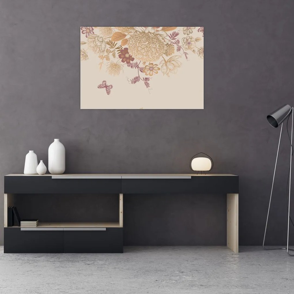 Tablou - Vintage, flori și fluturi (90x60 cm)