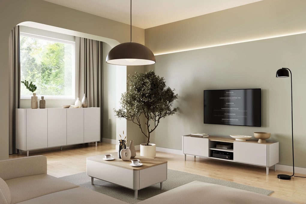 Comodă cu patru uși pe picioare Elivo 200 cm - cașmir / stejar uleiat