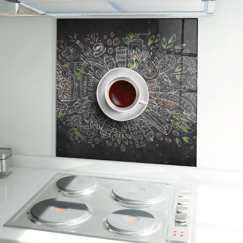 Panou Sticla Bucatarie, 100x100cm, Protectie aragaz, Antistropi, Termorezistent, Alimente, Cafea, Black Board Coffee