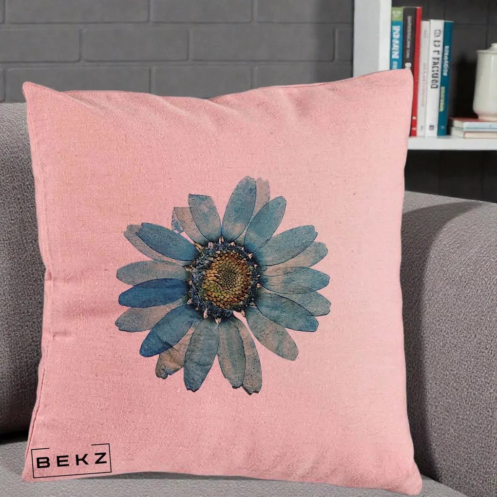 Perna Decorativa Floare Margareta Albastra Acuarela, 40x40 cm, Roz, Husa Detasabila, Perna Inclusa, BEKZ®