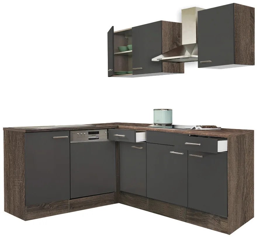 Mobilă de bucătărie de colț Yorki 220, corp din stejar Yorki, cu față antracit satinat