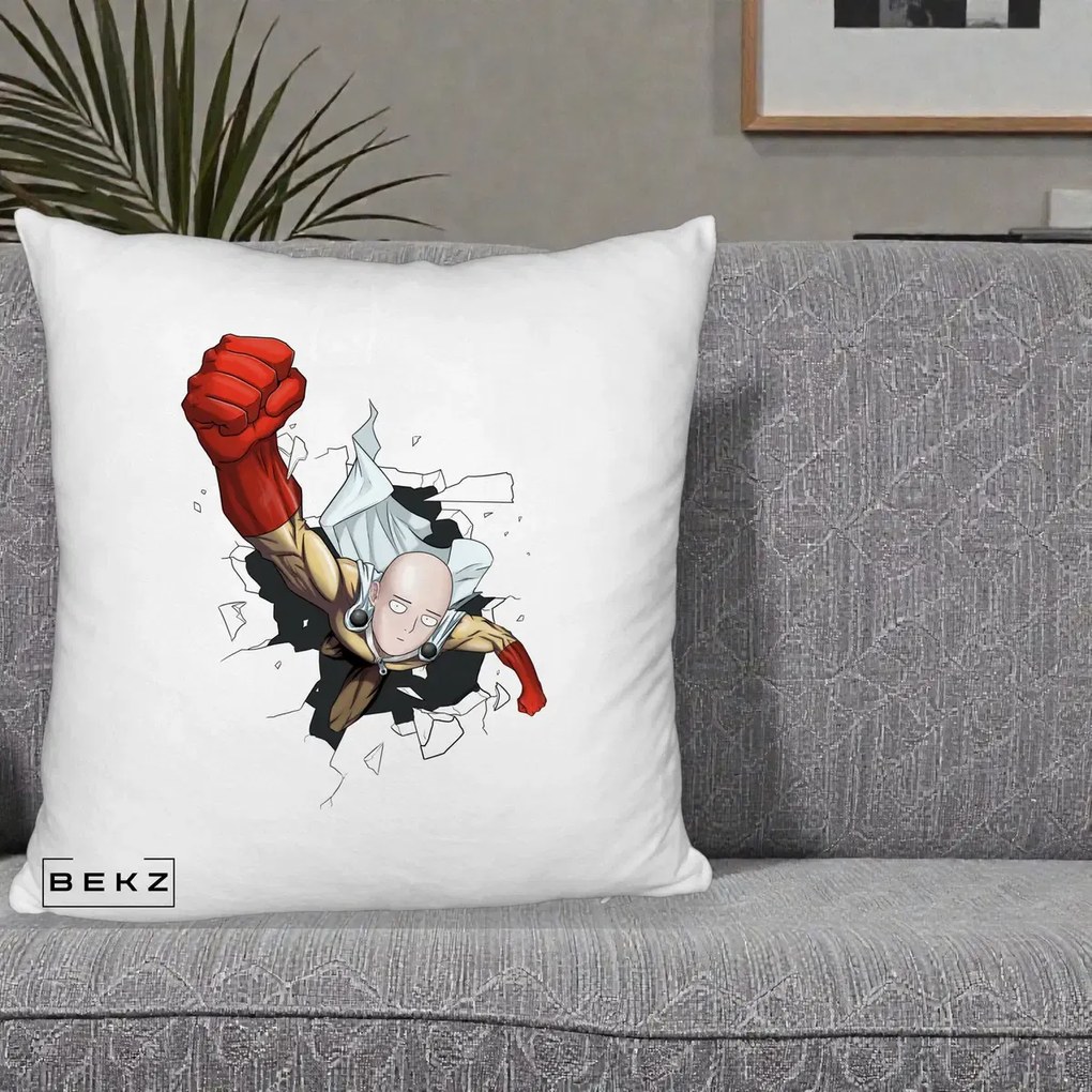 Perna Personalizata One Punch Man Saitama Pumn, 40x40 cm, Alb Pufos, Husa Detasabila, Perna Inclusa, BEKZ®