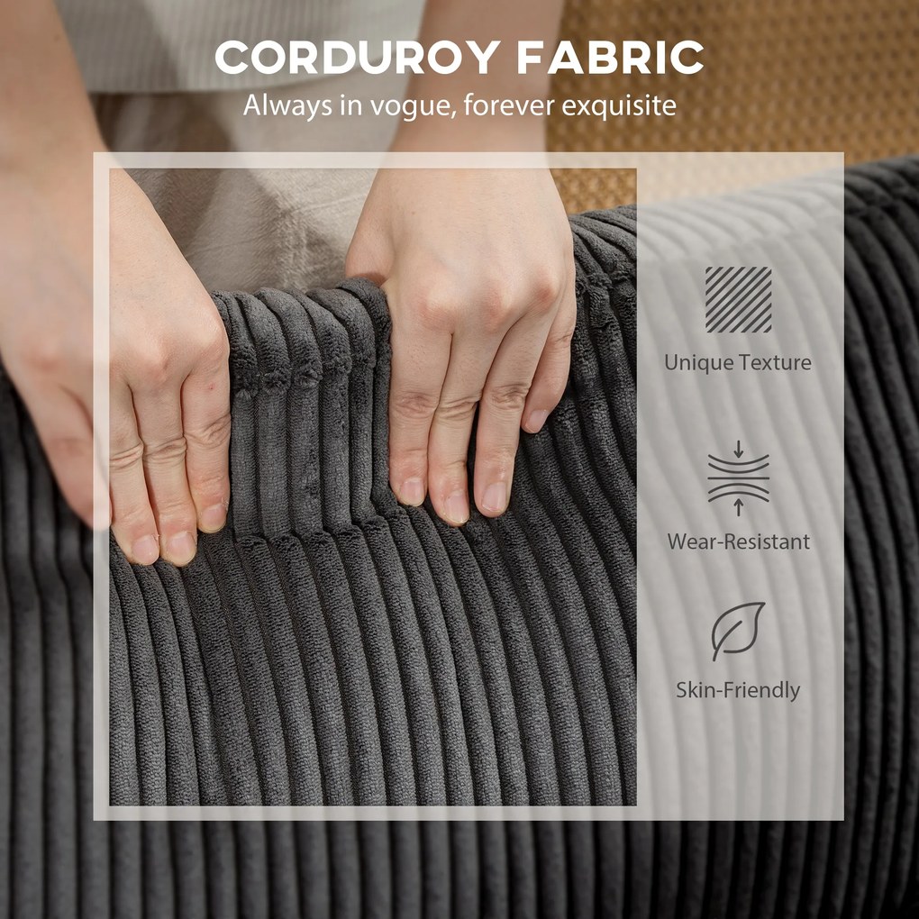 HOMCOM Colțar formă U canapea cu arcuri în buzunar, cotiere capitonate, otoman mobil, corduroy 292x224x85 cm Gri închis | Aosom Romania