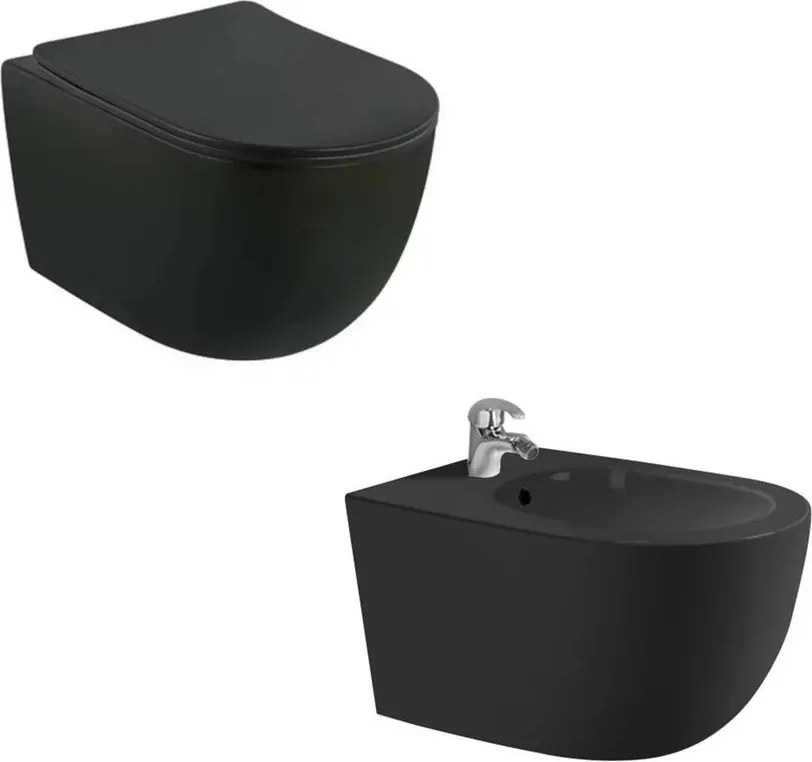 Set vas wc rimless cu capac softclose si bideu Fluminia Minerva negru mat