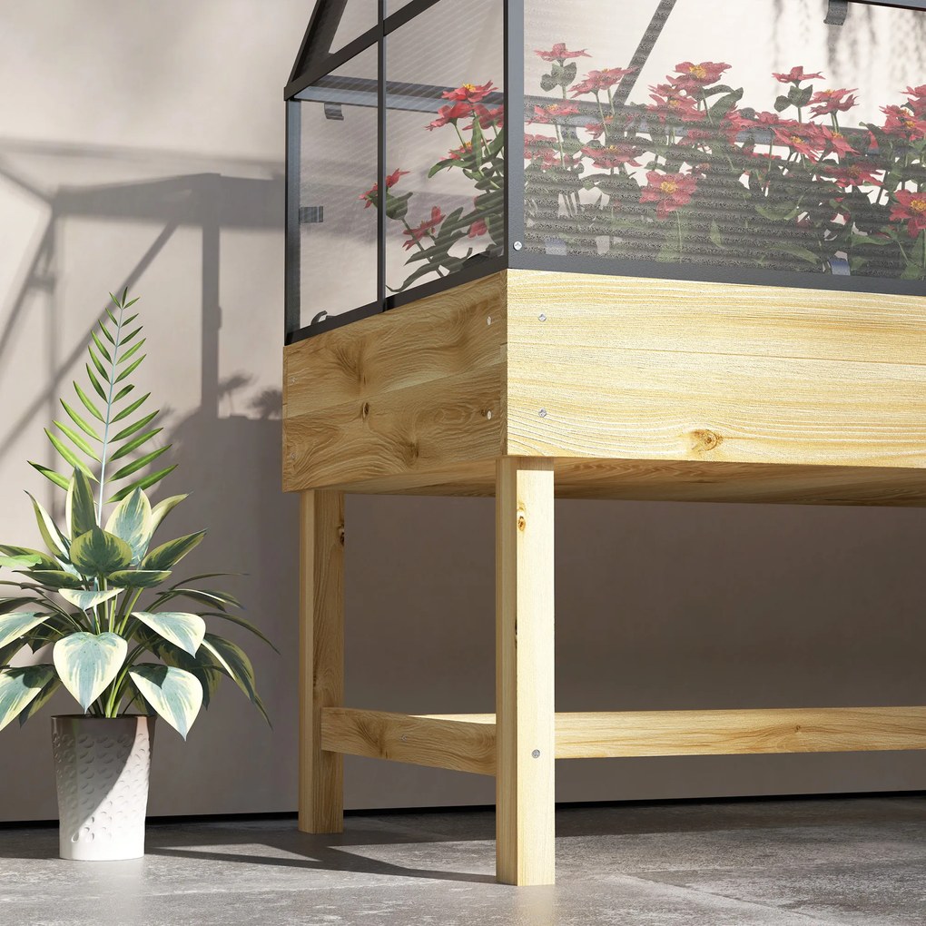 Outsunny Mini seră pe picioare dim.  120L x 60l x 103H cm acoperiș dublu rabatabil Panouri din policarbonat, oțel, lemn de brad tratat | Aosom Romania