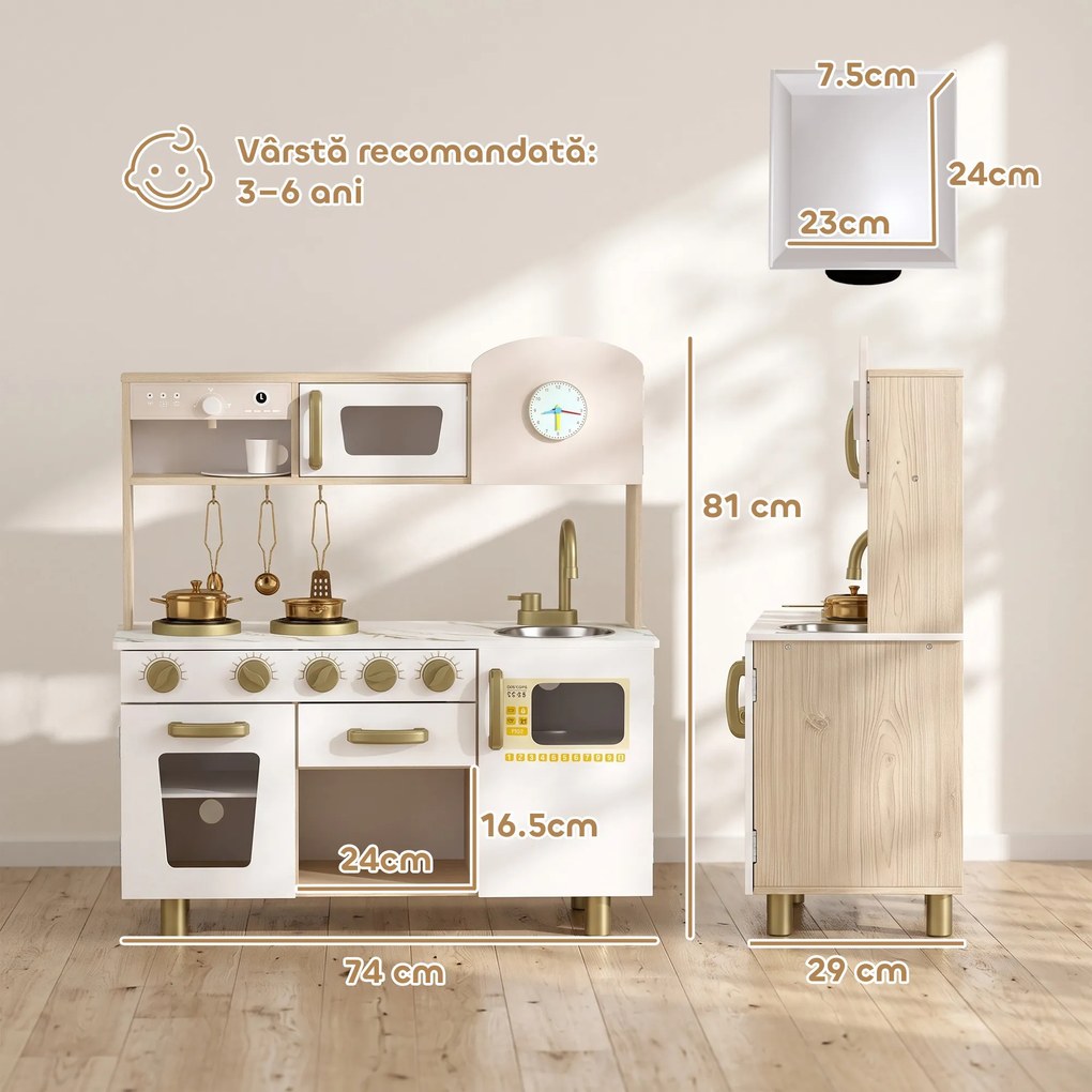 AIYAPLAY Bucătărie de Jucărie pentru Copii cu Plită, Robinet și Accesorii, MDF și Oțel Inoxidabil, 74 x 29 x 81 Cm, Alb | Aosom Romania