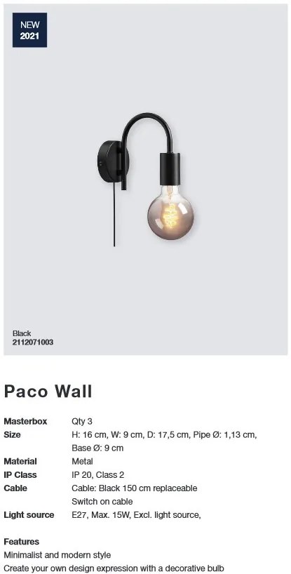 Aplica de perete design modern PACO negru 2112071003 NL