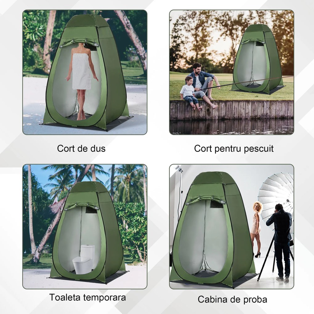 Outsunny Cort de Duș pentru Camping cu Ușă cu Fermoar, Geantă de Transport și Buzunar, 126x124x189 cm, Verde Închis | Aosom Romania