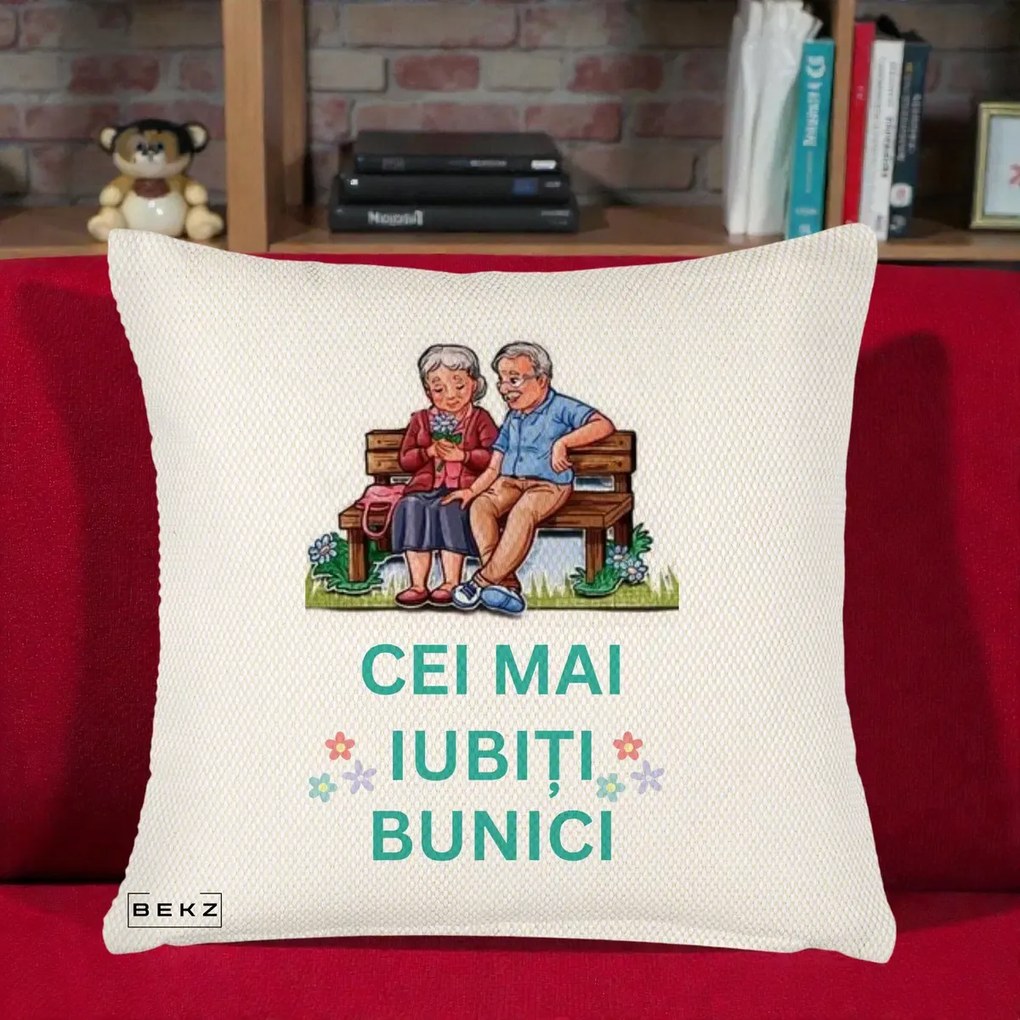 Cadou pentru Bunici - Perna Personalizata Cei Mai Iubiti Bunici Cuplu pe Banca Ilustratie, 40x40 cm, Crem Reliefat, Husa Detasabila, Perna Inclusa, BEKZ®