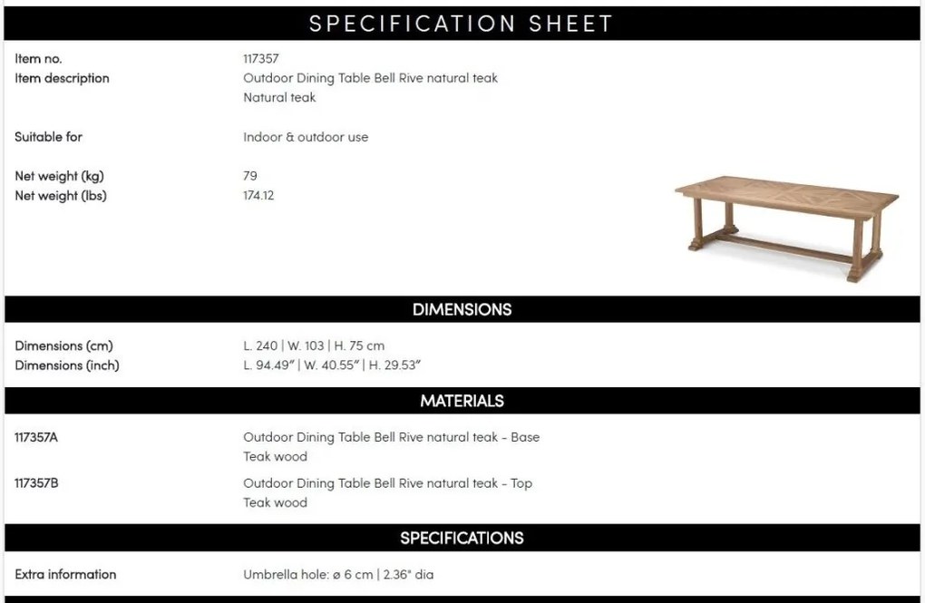 Masa exterior design LUX Bell Rive 240x103cm