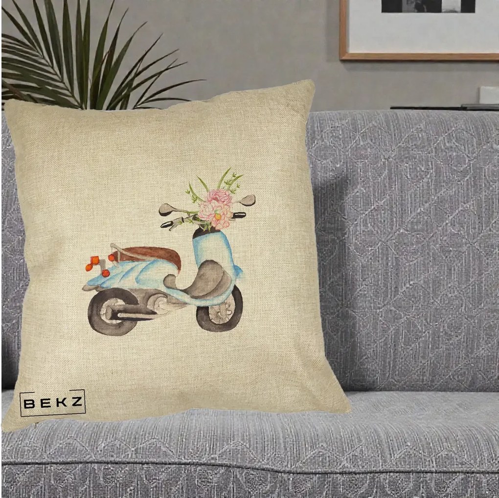 Perna Decorativa Scuter Albastru cu Flori Acuarela, 40x40 cm, Crem, Husa Detasabila, Perna Inclusa, BEKZ®
