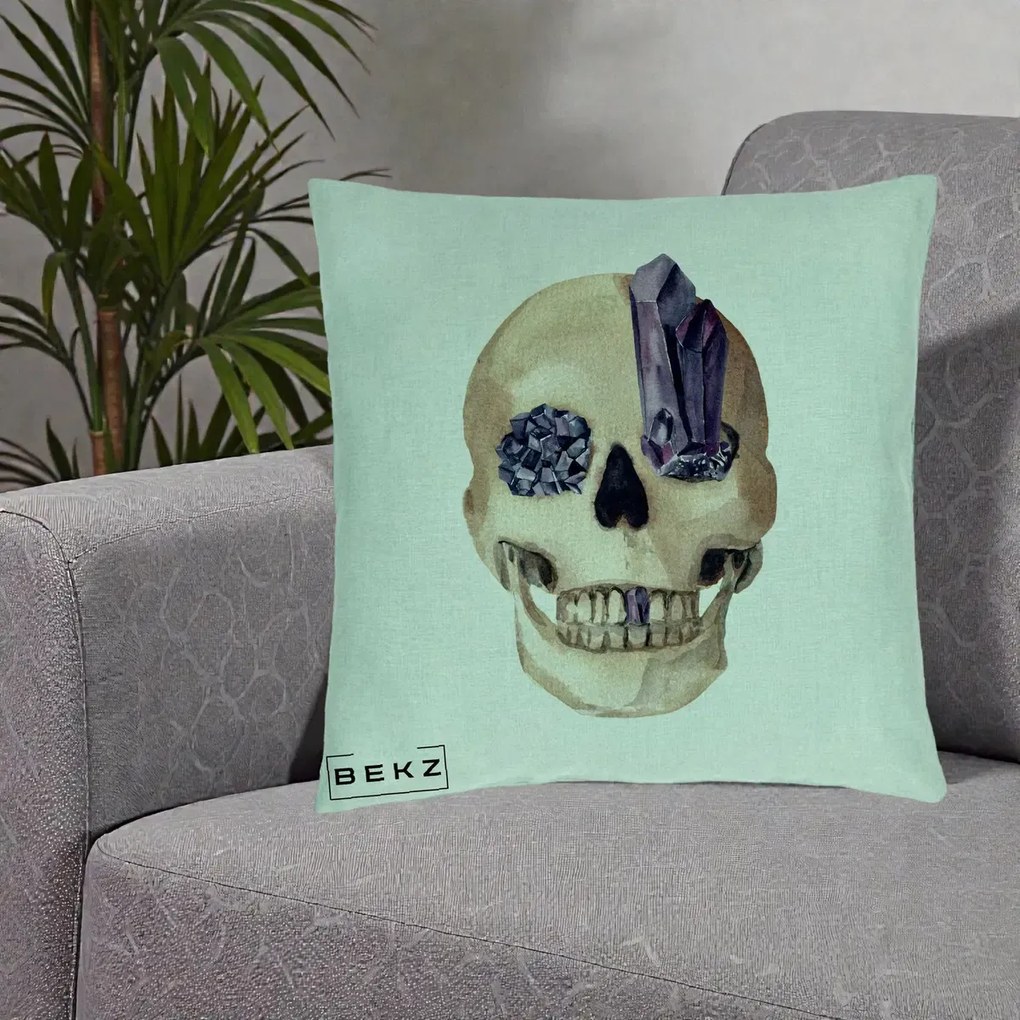 Perna Decorativa Craniu cu Cristale de Ametist, 40x40 cm, Verde Menta, Husa Detasabila, Perna Inclusa, BEKZ®