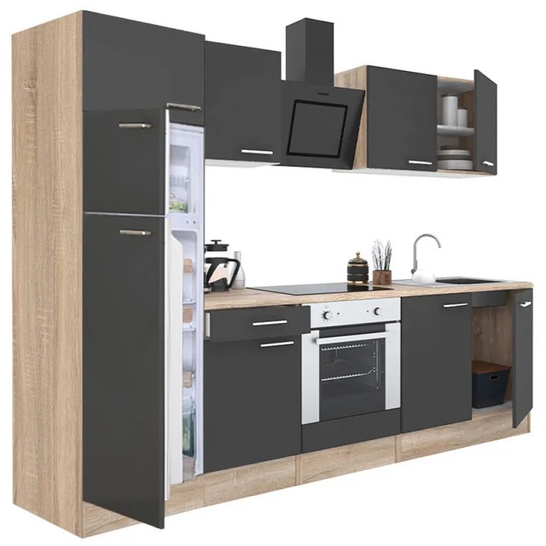 Mobilă de bucătărie Yorki 270, corp din stejar sonoma, față antracit satinat, element cuptor inferior, frigider congelator superior