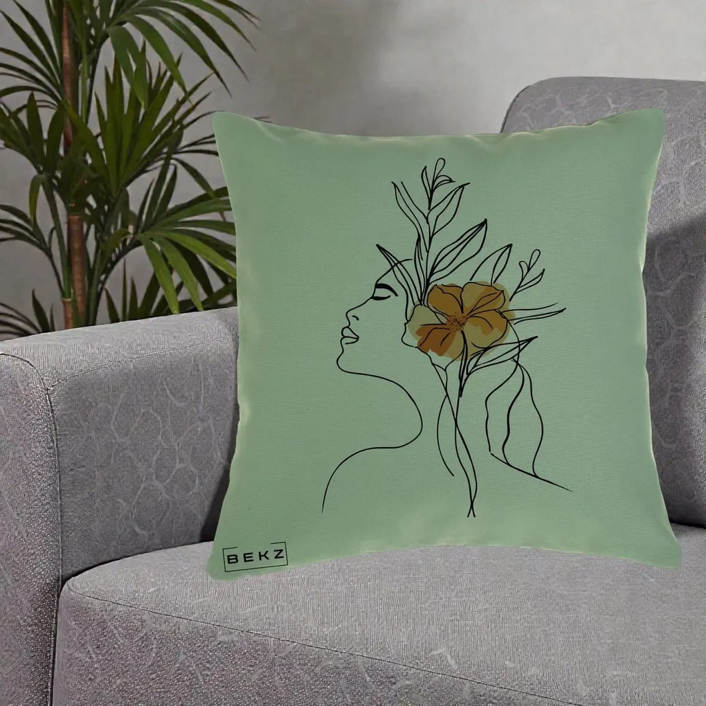 Perna Decorativa Portret Feminin Floare Portocalie Lateral, 40x40 cm, Verde, Husa Detasabila, Perna Inclusa, BEKZ®