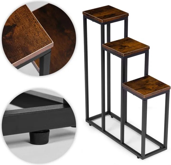 Suport pentru flori Loft - raft metalic cu 3 etaje cu rafturi din lemn