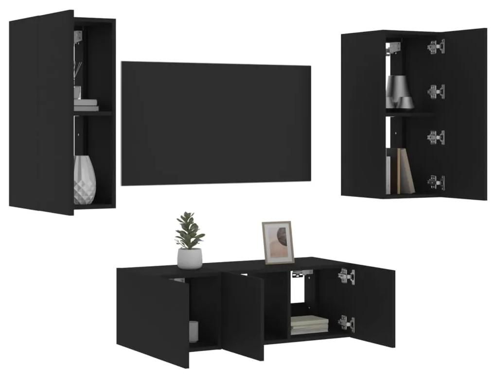 3216805 vidaXL Unități de perete TV cu LED-uri, 4 piese, negru, lemn prelucrat