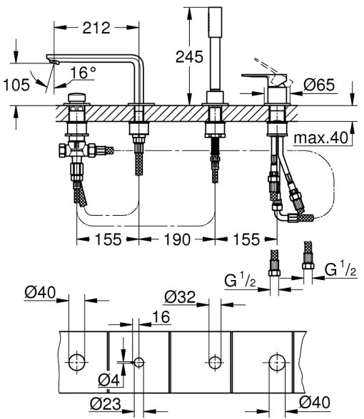 GROHE 19577001 - Baterie pentru cadă LINEARE, montaj în 4 găuri, crom lucios