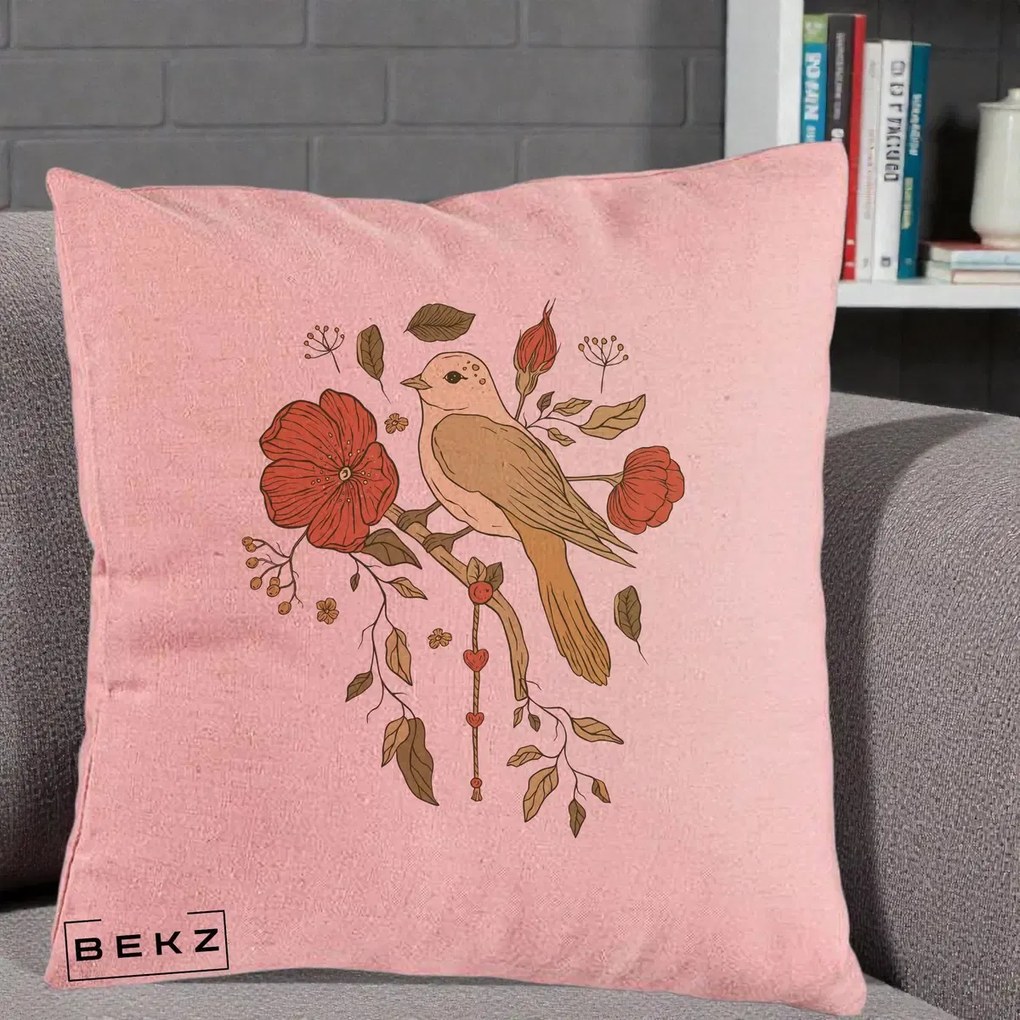 Perna Decorativa Pasare pe Ramura cu Maci, 40x40 cm, Roz, Husa Detasabila, Perna Inclusa, BEKZ®