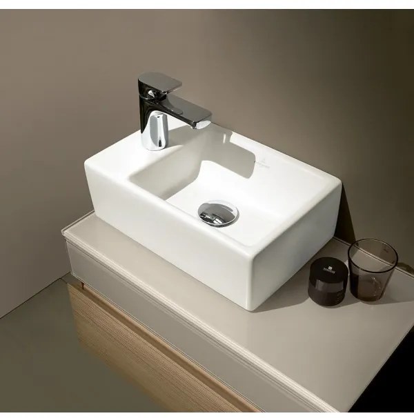 Dulap baza suspendat cu blat sticla, Memento Villeroy&Boch, lavoar stanga, 80.6x46x37cm, stejar deschis/bej, C779L0FC