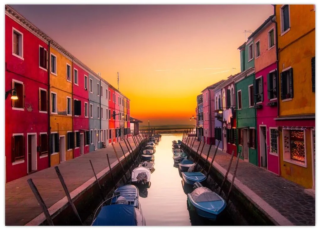Tablou pe sticlă - Apus de soare, insula Burano, Veneția, Italia (70x50 cm)