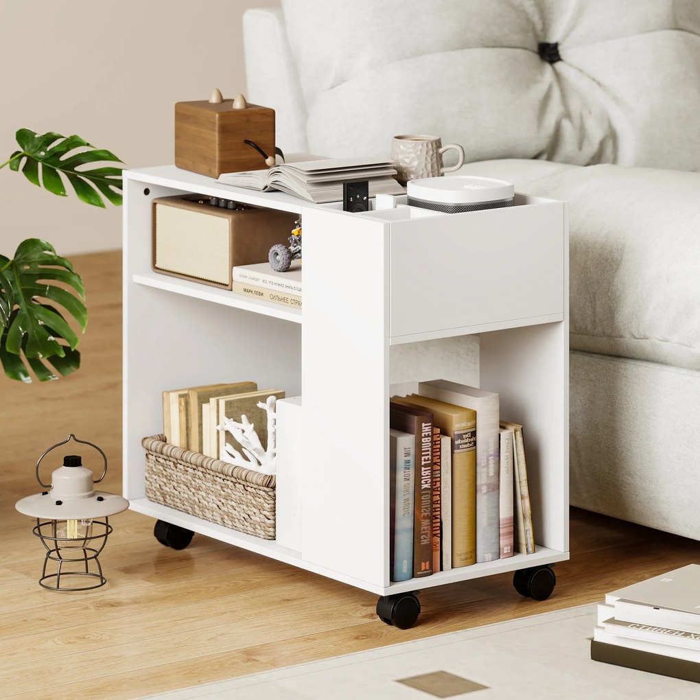 HOMCOM Dulap pentru Imprimantă cu Roți, Dulap Multifuncțional cu Compartimente Deschise, Raft și Spațiu de Depozitare, Noptieră pentru Living, Cameră sau Birou, 70x36x60 cm, Alb | Aosom Romania