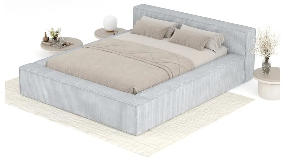 Pat matrimonial gri deschis tapițat cu spațiu de depozitare cu somieră 160x200 cm Voliera – Maison de Rêve