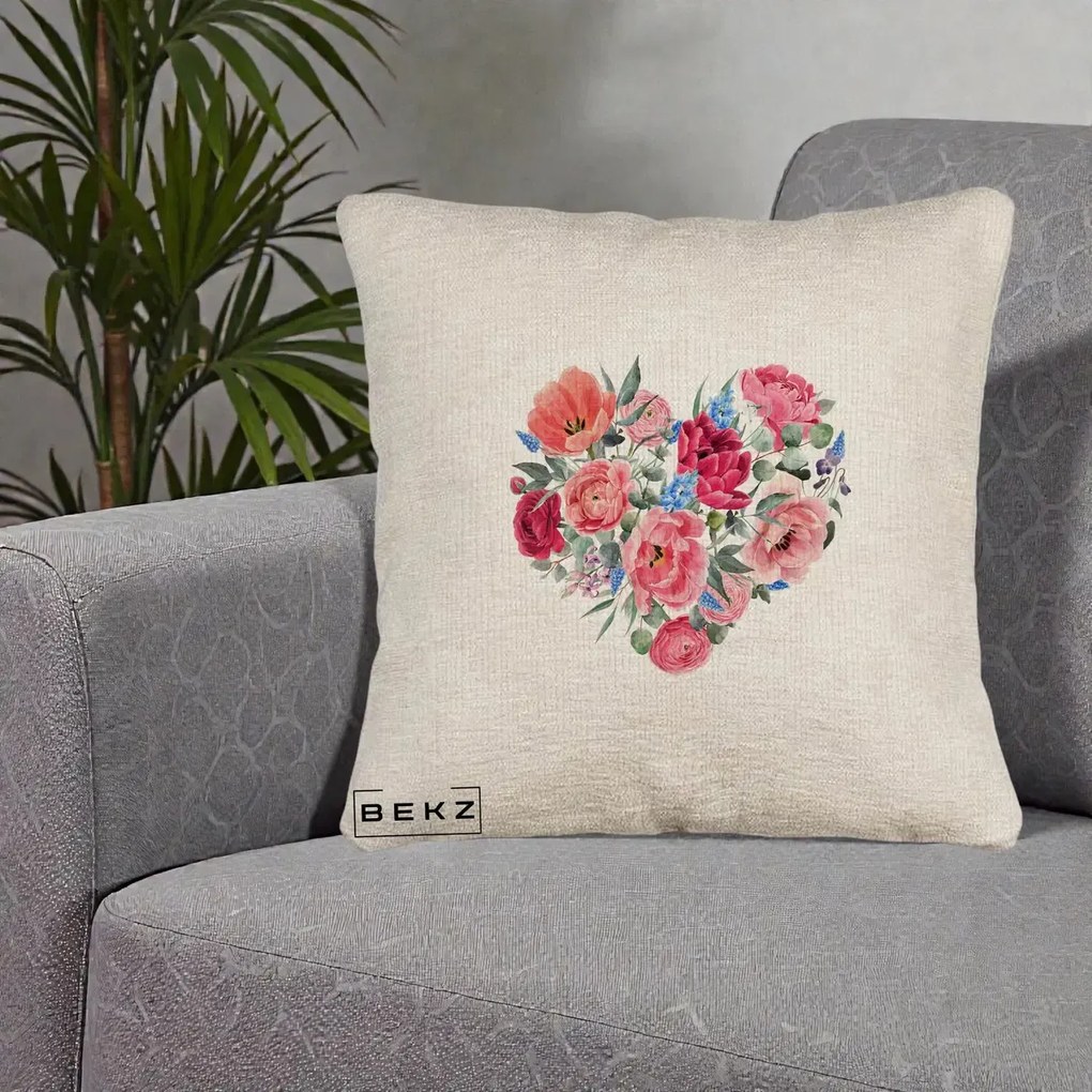 Perna Decorativa Inima din Bujori Acuarela, 40x40 cm, Bej Canapea, Husa Detasabila, Perna Inclusa, BEKZ®